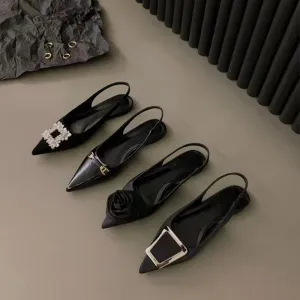 Black Rhinestone French Flats: Women's Classy Pointed-Toe Shoes