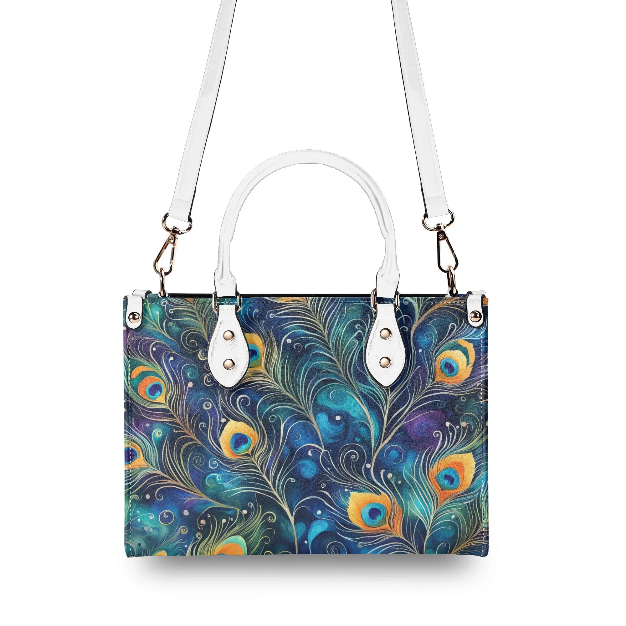 Blue Peacock Feathers Luxury Womens Vegan Leather Handbag
