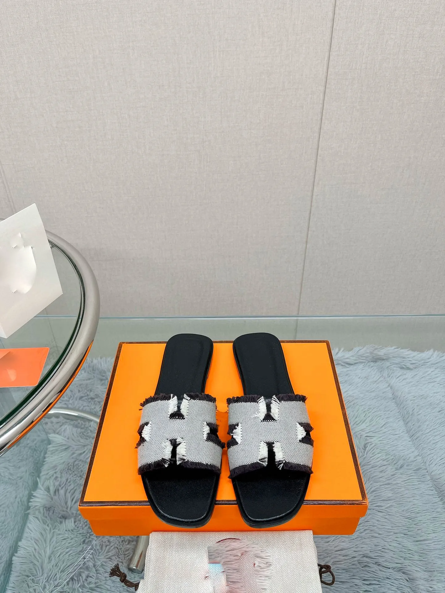 canvas raw edge   lamb leather flats slippers fashion shoes 2023 high quality