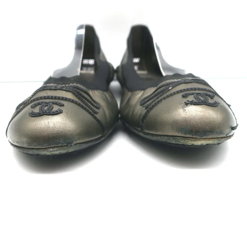 Chanel CC Bow Scrunch Ballet Flats Bronze Metallic Leather Size 39