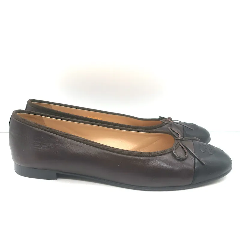Chanel CC Cap Toe Bow Ballet Flats Dark Brown/Black Lambskin Leather Size 42