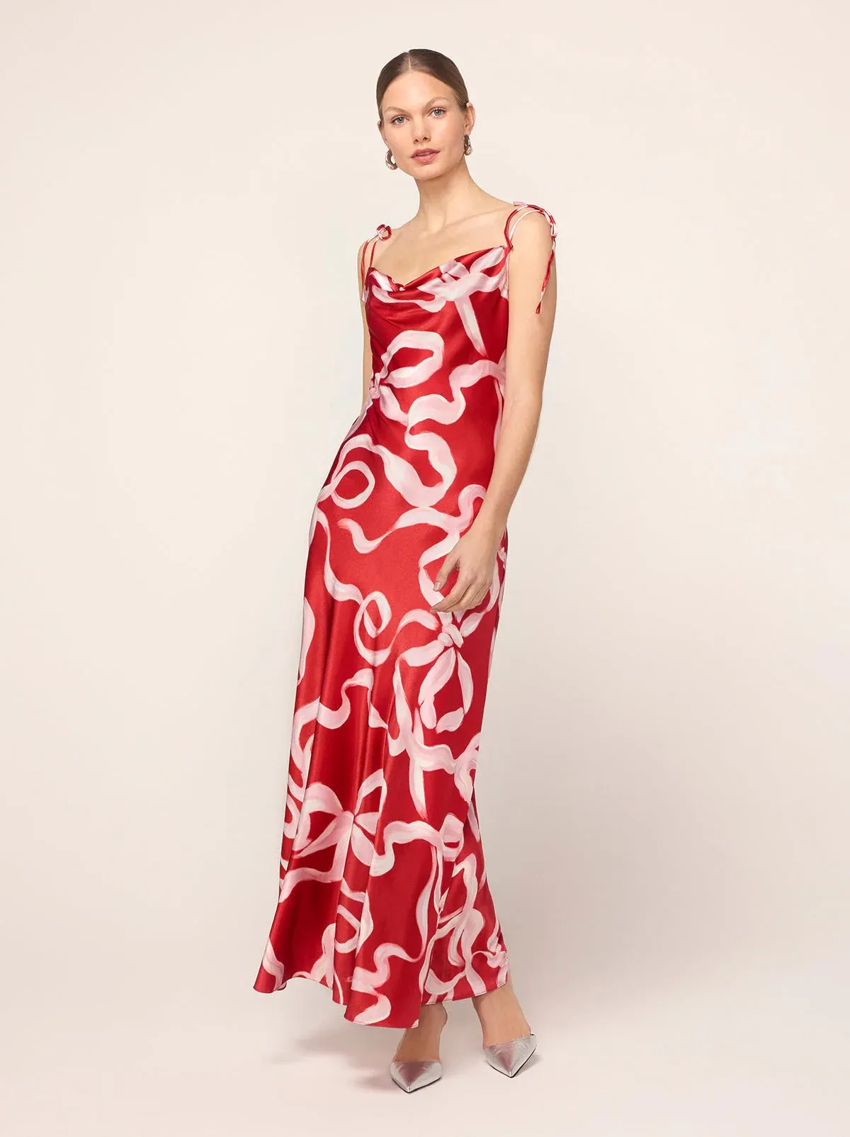 CINDY RED RIBBON PRINT MAXI DRESS