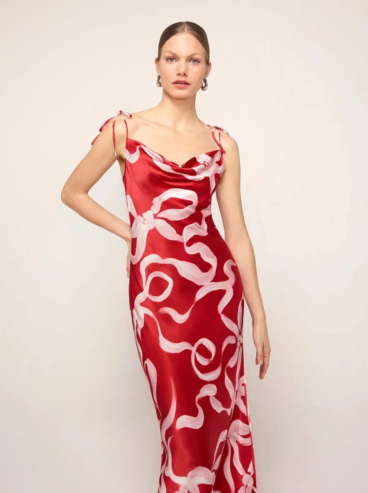CINDY RED RIBBON PRINT MAXI DRESS