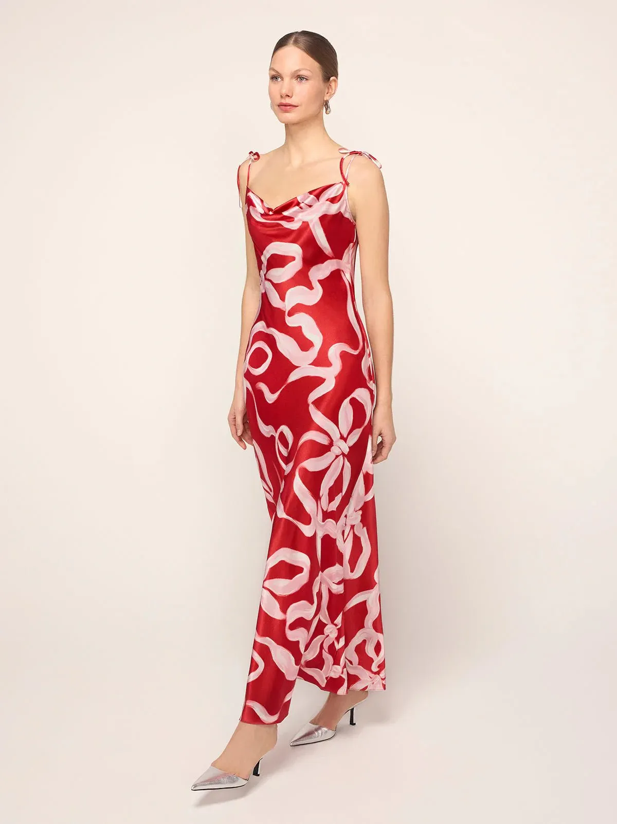 CINDY RED RIBBON PRINT MAXI DRESS