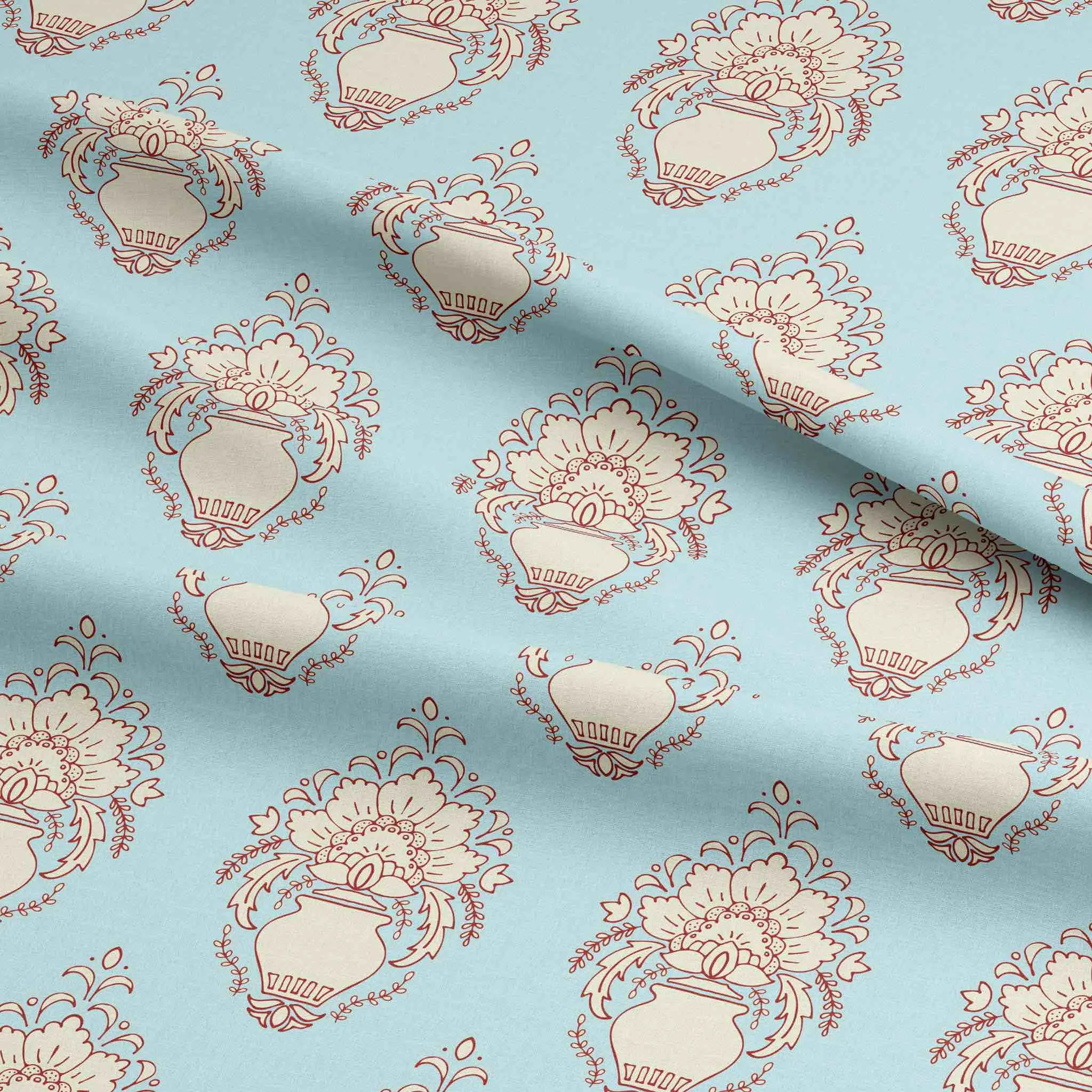 Fabric Linen Canvas - Damask Vase Blue