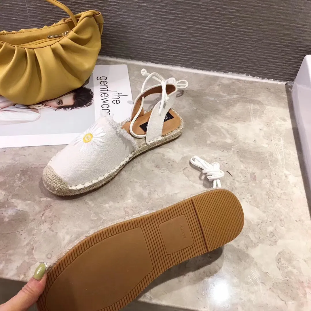 Flower Embroidery Lace Up Rope Flats