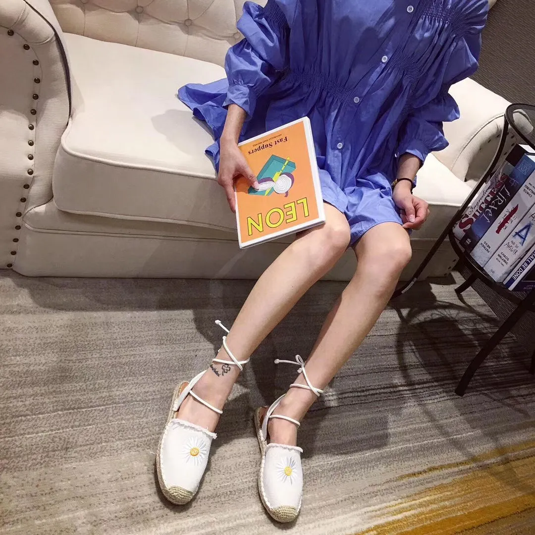 Flower Embroidery Lace Up Rope Flats