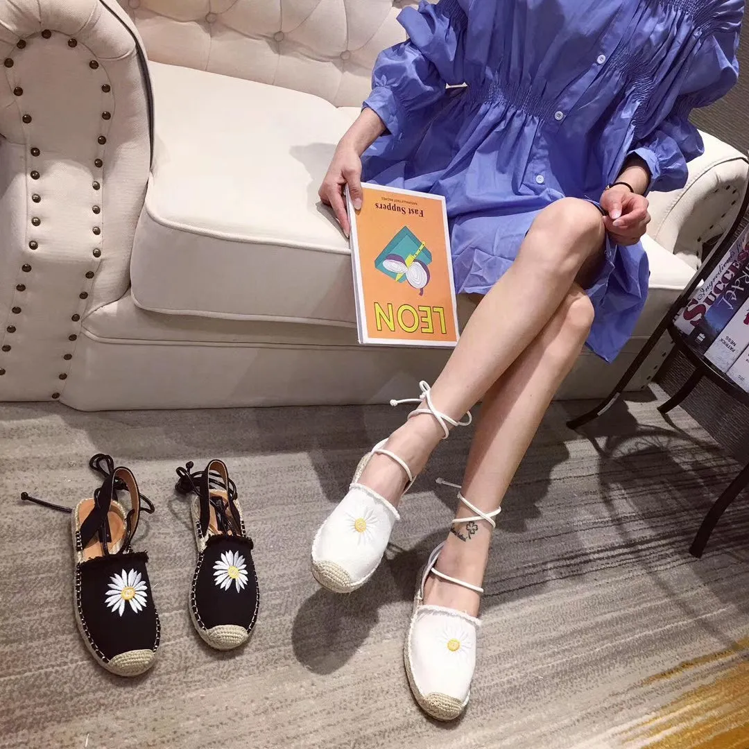 Flower Embroidery Lace Up Rope Flats