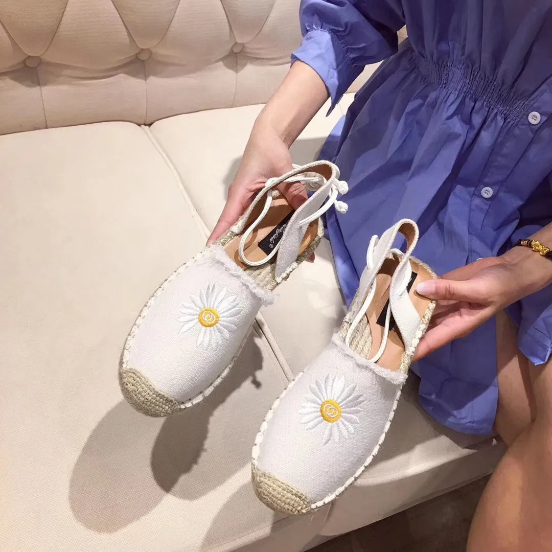 Flower Embroidery Lace Up Rope Flats