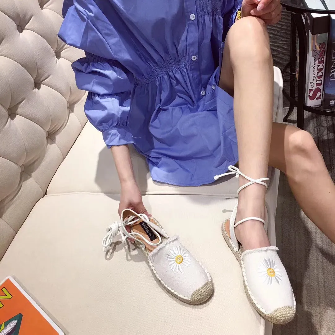 Flower Embroidery Lace Up Rope Flats