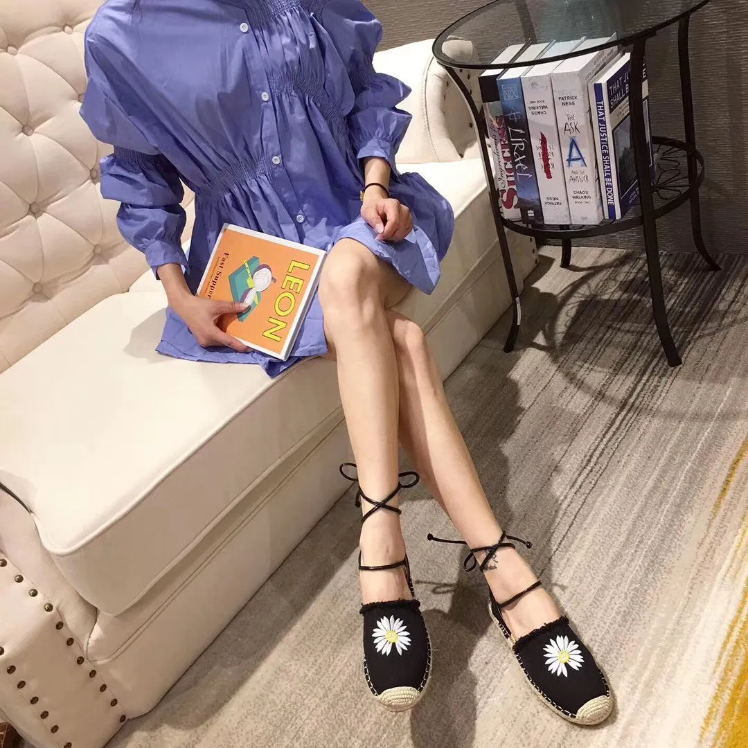 Flower Embroidery Lace Up Rope Flats