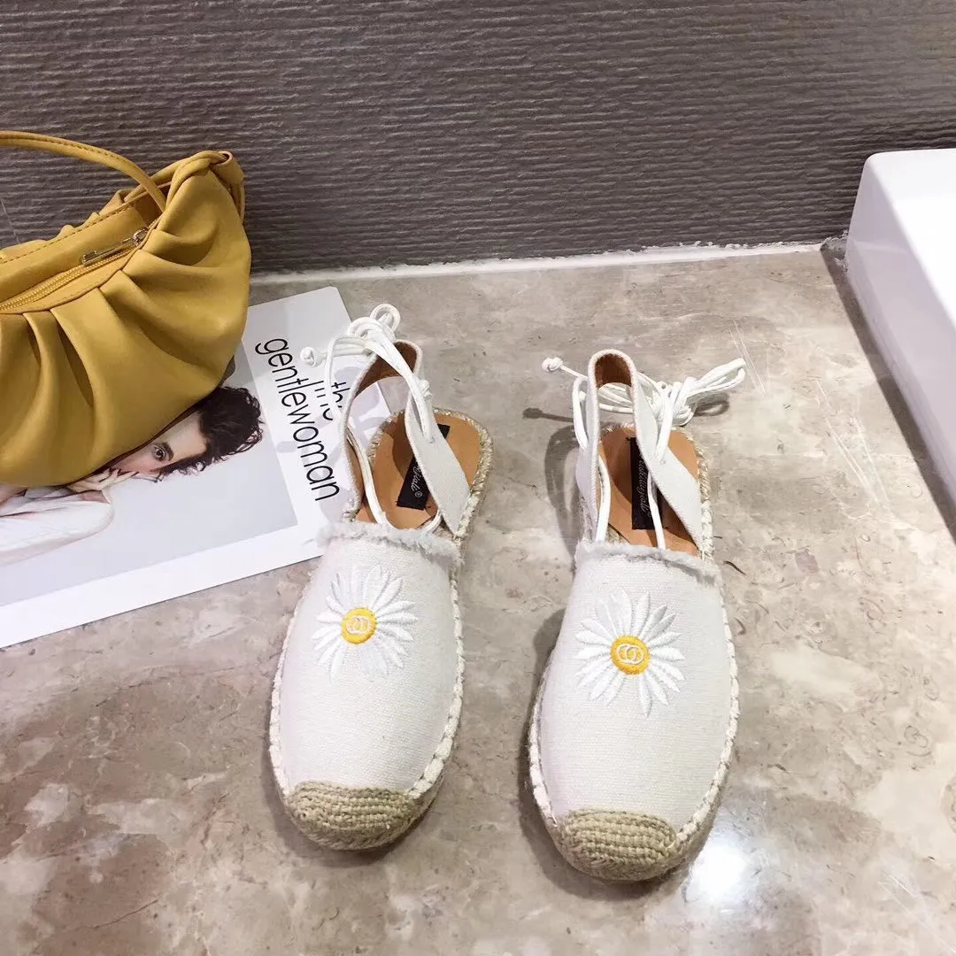 Flower Embroidery Lace Up Rope Flats