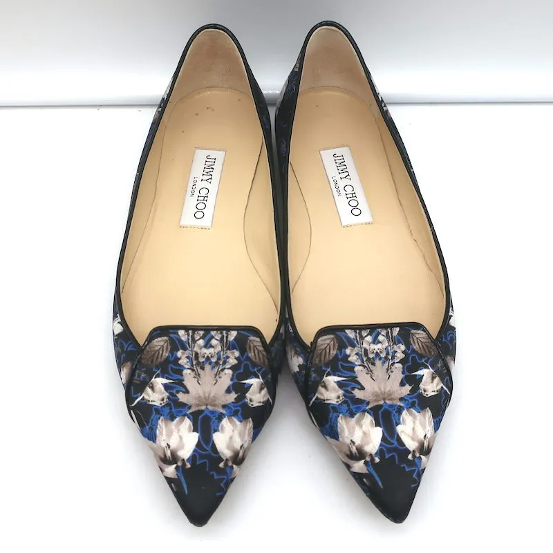 Jimmy Choo Attila Pointed Toe Ballet Flats English Floral Print Satin Size 37