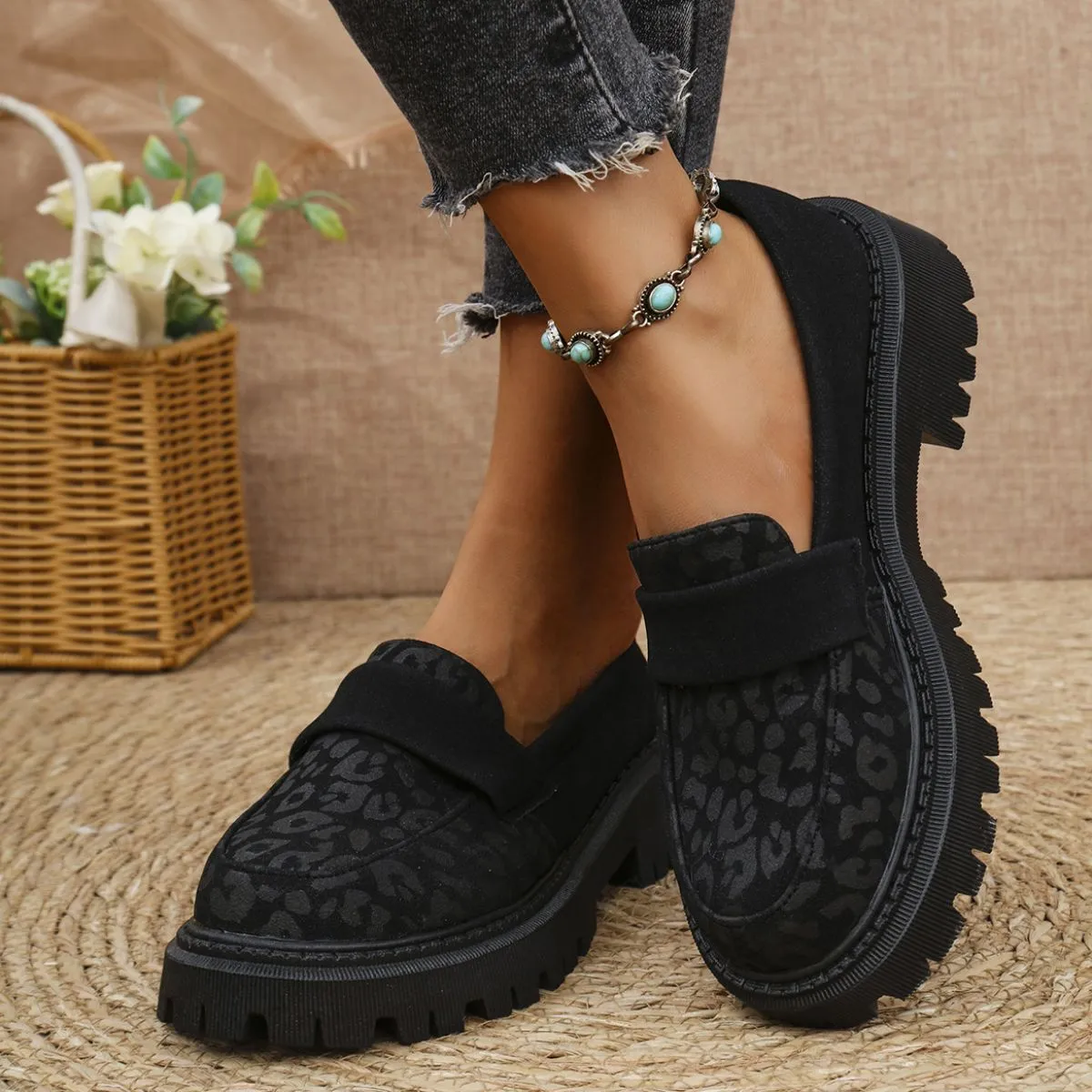 Leopard Slip On Platform Loafers
