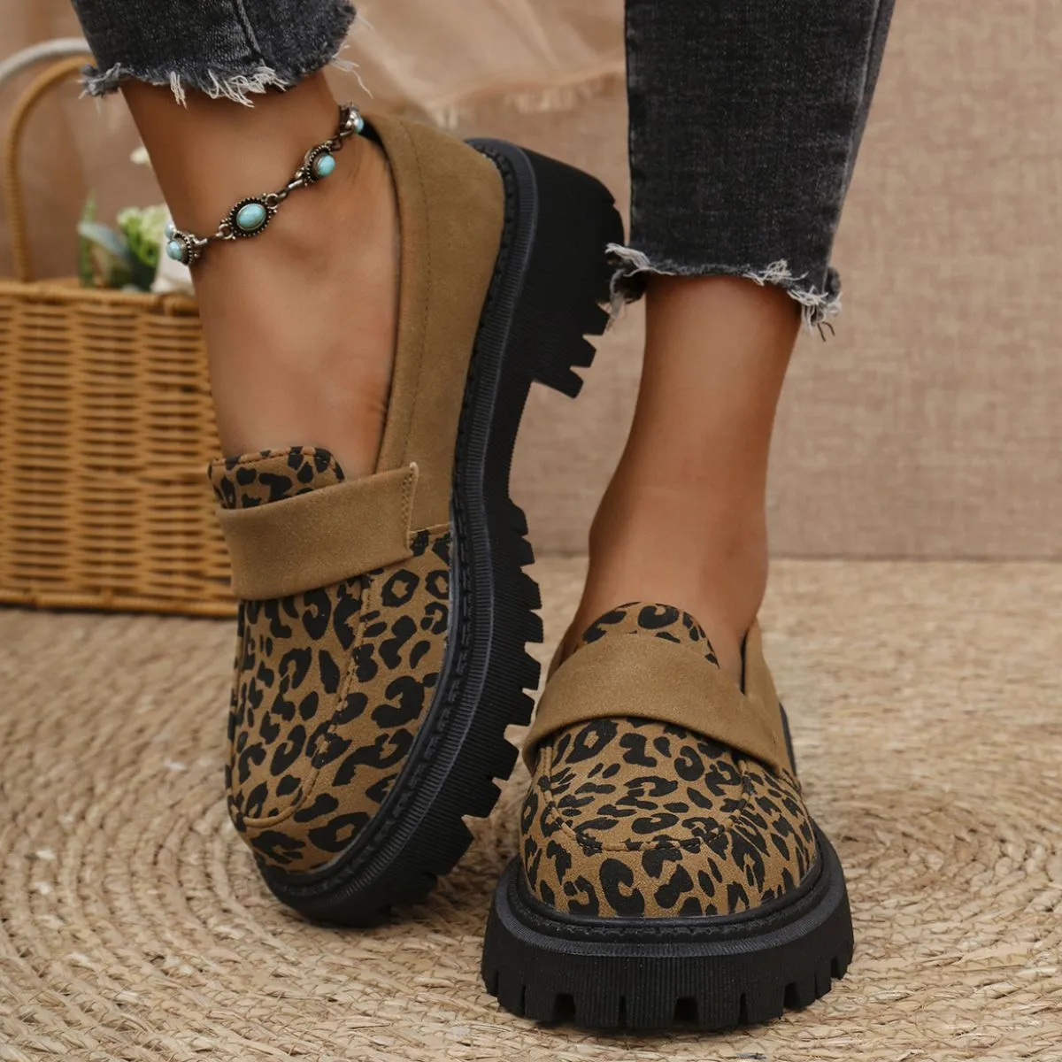 Leopard Slip On Platform Loafers