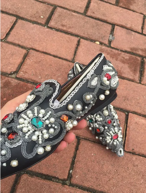 Luxury Colorful Rhinestone Flowers Women Pointy Toe Flats Fashion Ladies Slip On Ballet Flats Golden Embroidery Sexy Flats
