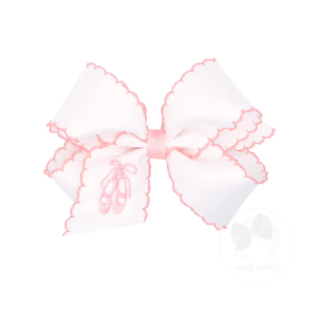 Medium Hair Bow with Pink Moonstitch Edge & Ballet Slipper Embroidery
