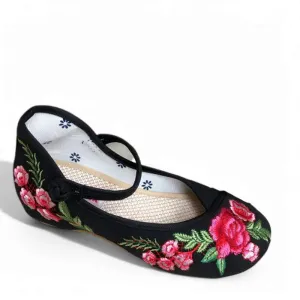 Merendy Arrosa Handmade Embroidered Canvas Mary Jane Ballet Flats