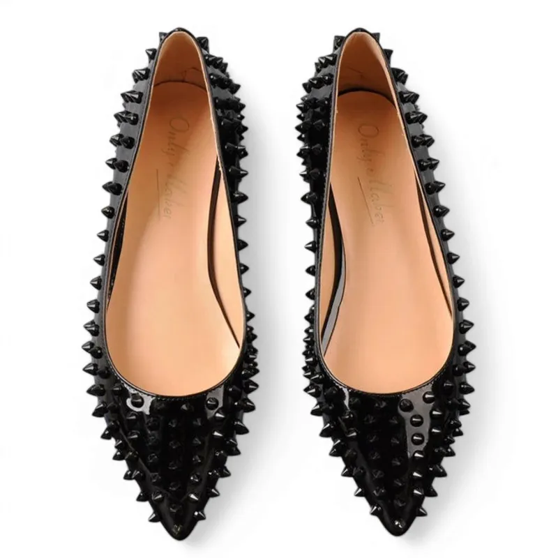 Merendy Jana Pointed Slip-On Black Leather Embellished Ballet Flats