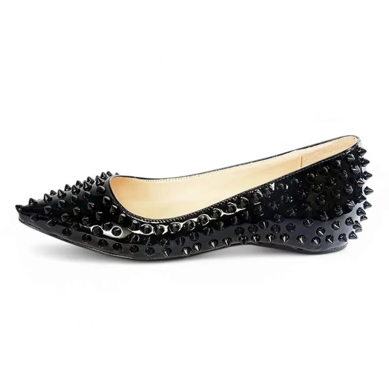 Merendy Jana Pointed Slip-On Black Leather Embellished Ballet Flats