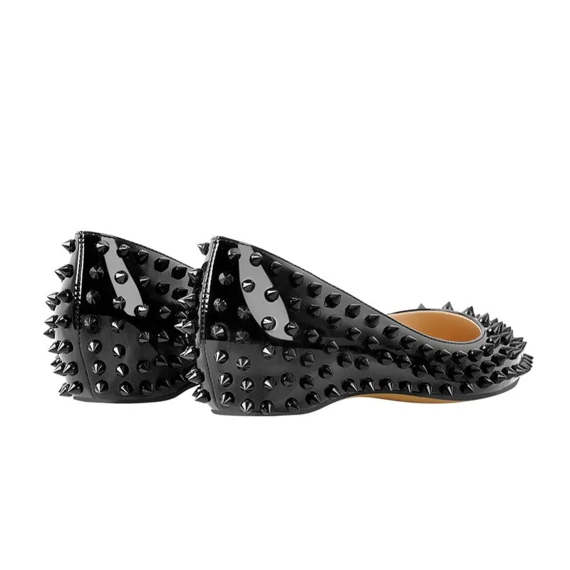 Merendy Jana Pointed Slip-On Black Leather Embellished Ballet Flats