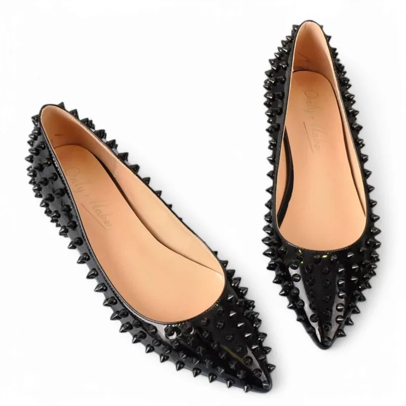 Merendy Jana Pointed Slip-On Black Leather Embellished Ballet Flats