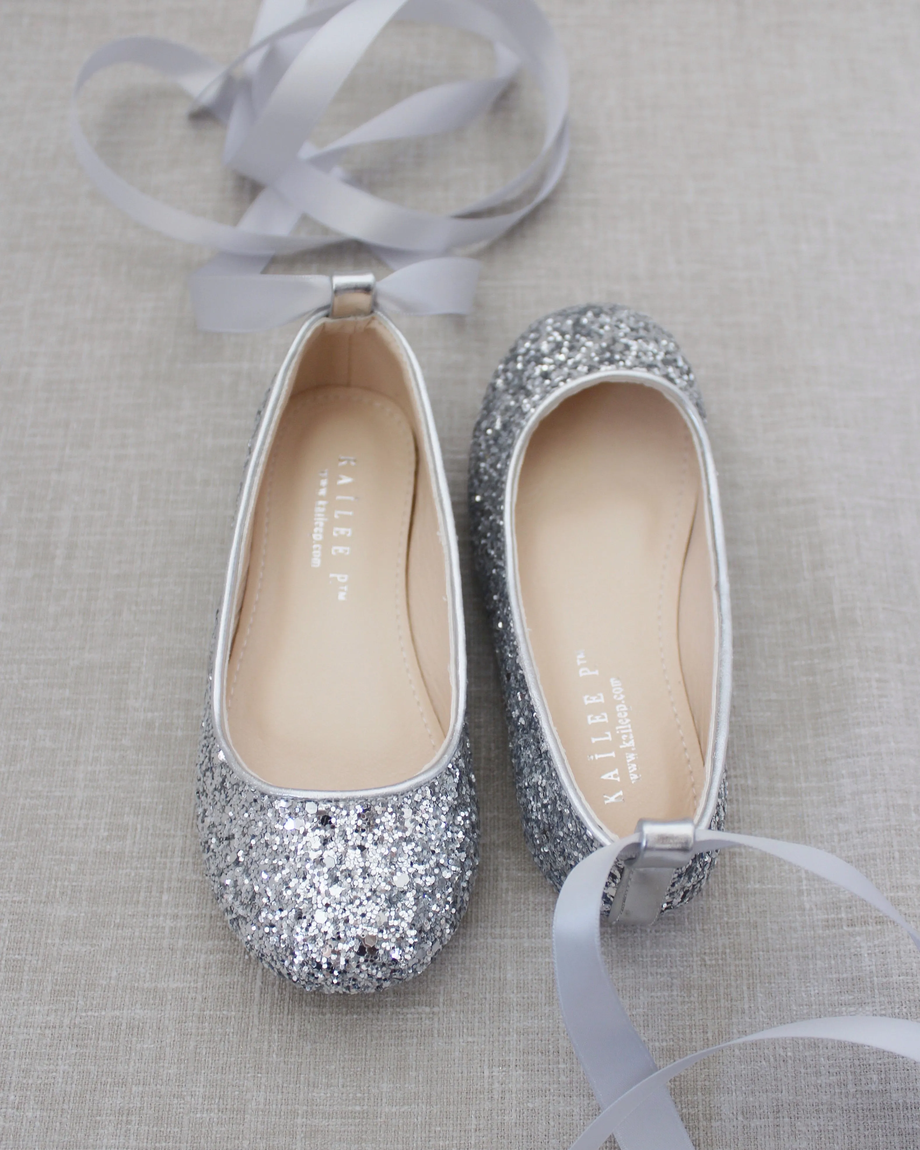Rock Glitter Ballet Flats With Satin Ankle Strap
