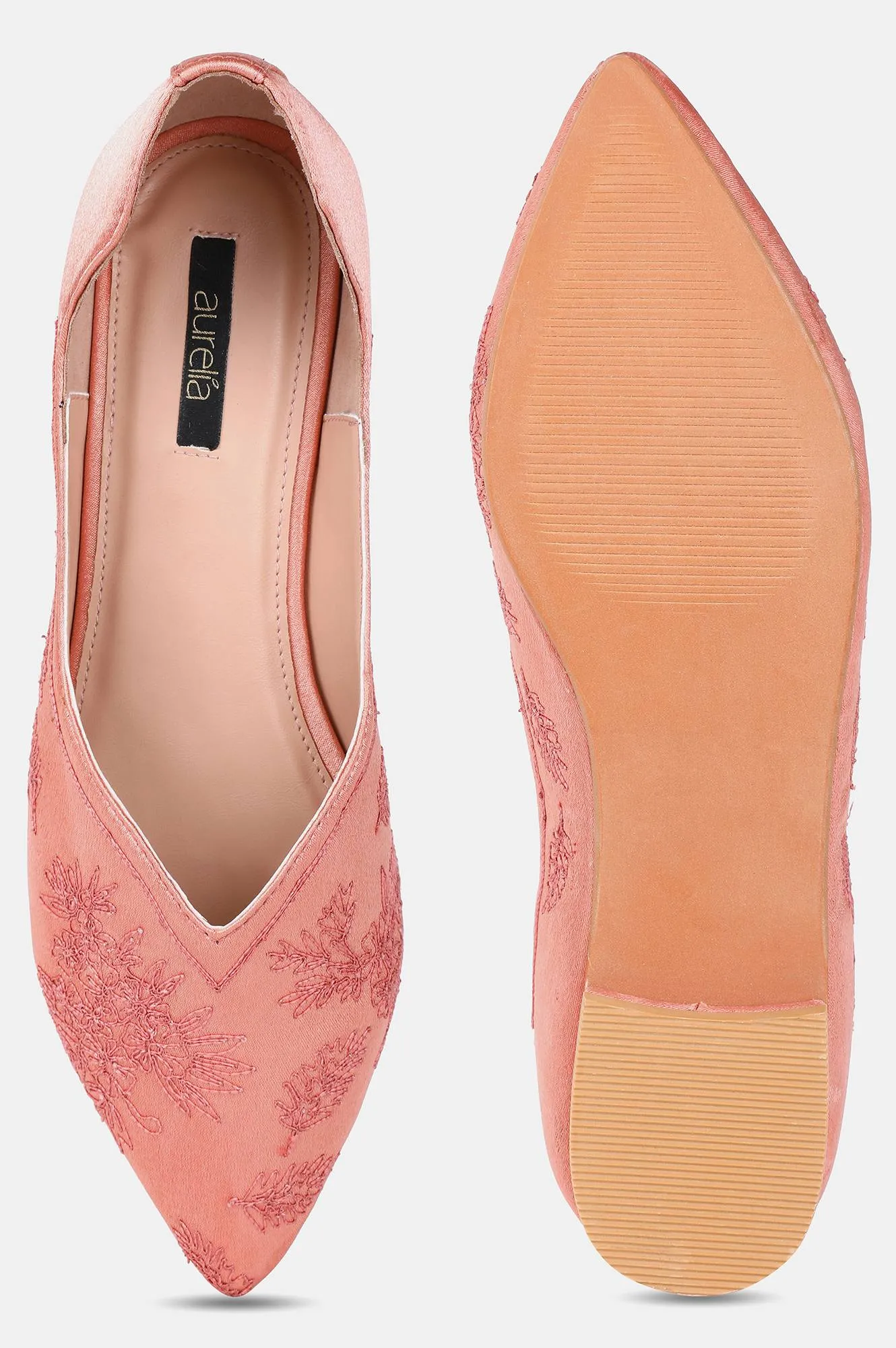 Rose Gold Pointed Toe Embroidered Flat - ZLynn