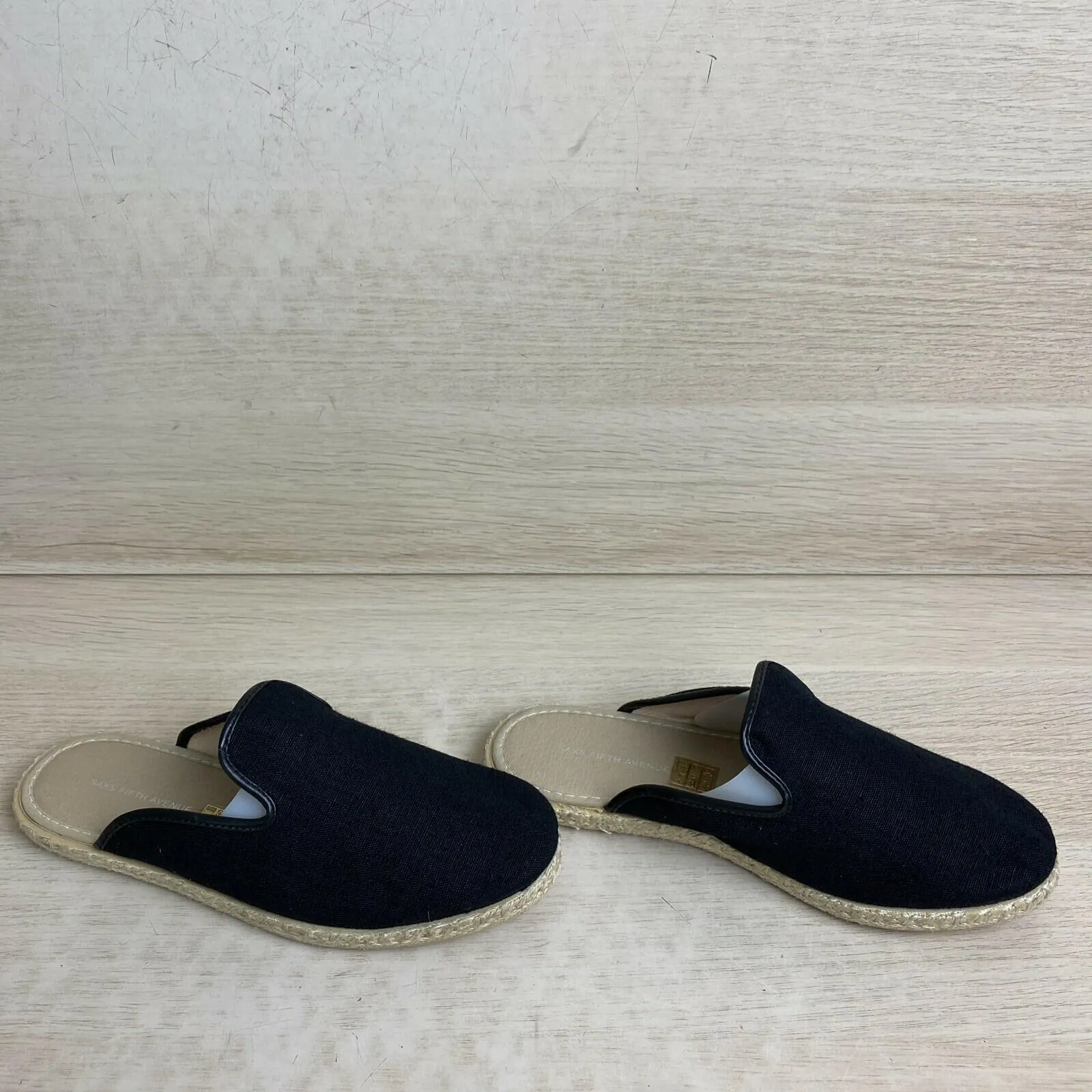 Saks Fifth Avenue Black Canvas Round Toe Slip On Espadrille Mule Flats Womens 36 - Very Good
