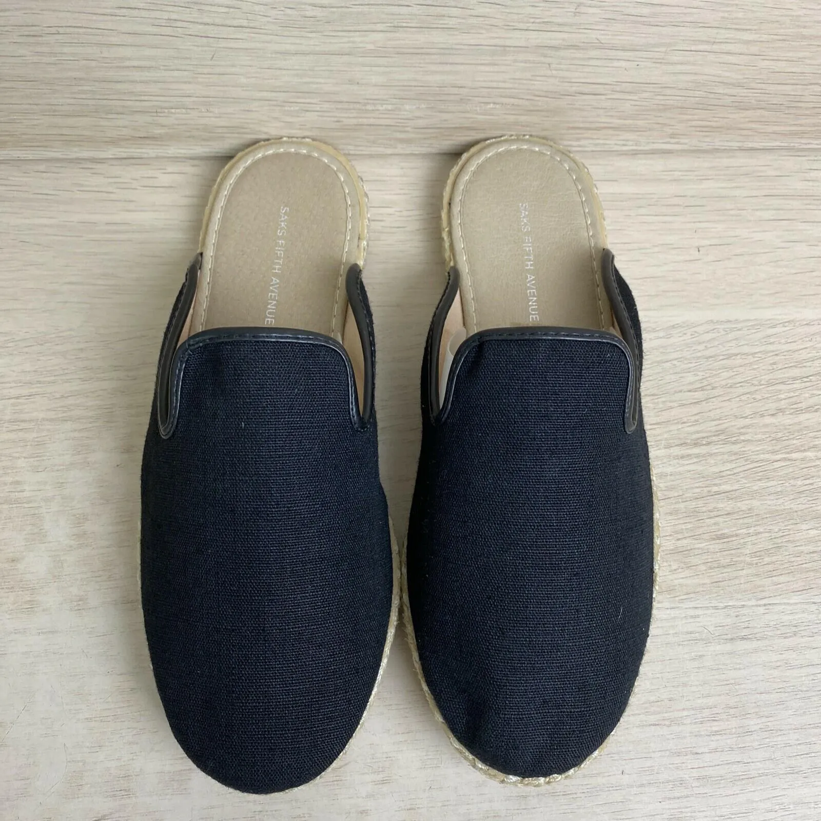 Saks Fifth Avenue Black Canvas Round Toe Slip On Espadrille Mule Flats Womens 36 - Very Good