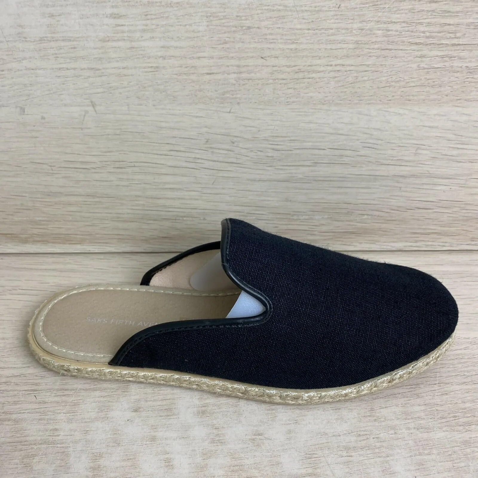 Saks Fifth Avenue Black Canvas Round Toe Slip On Espadrille Mule Flats Womens 36 - Very Good