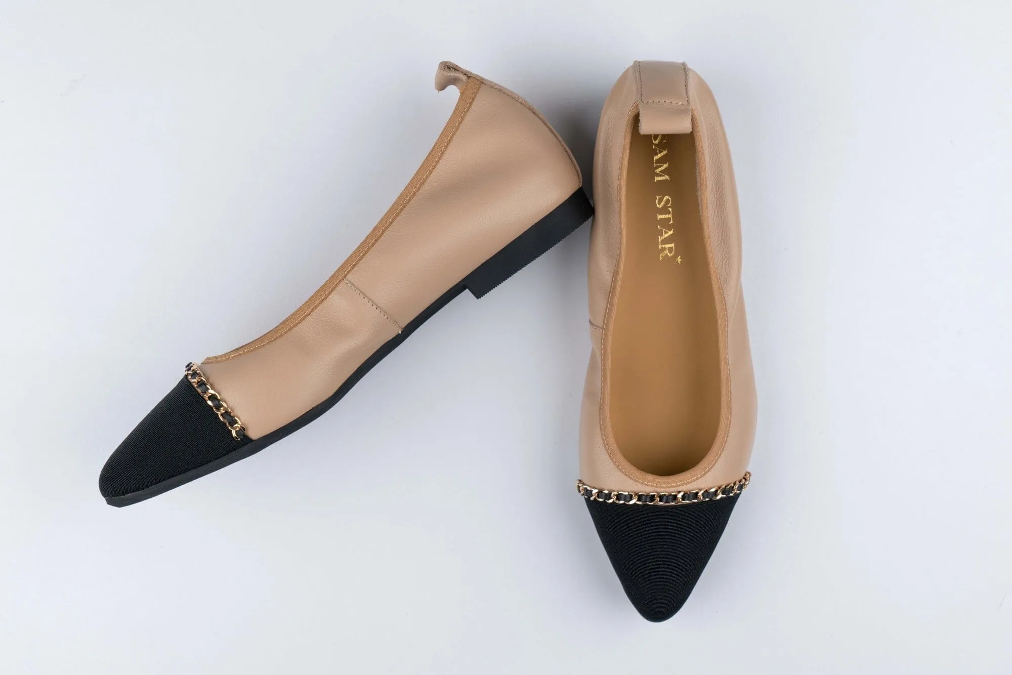 SS23001  Pointy Leather pumps with chain detail and extra cushion( new arrival )