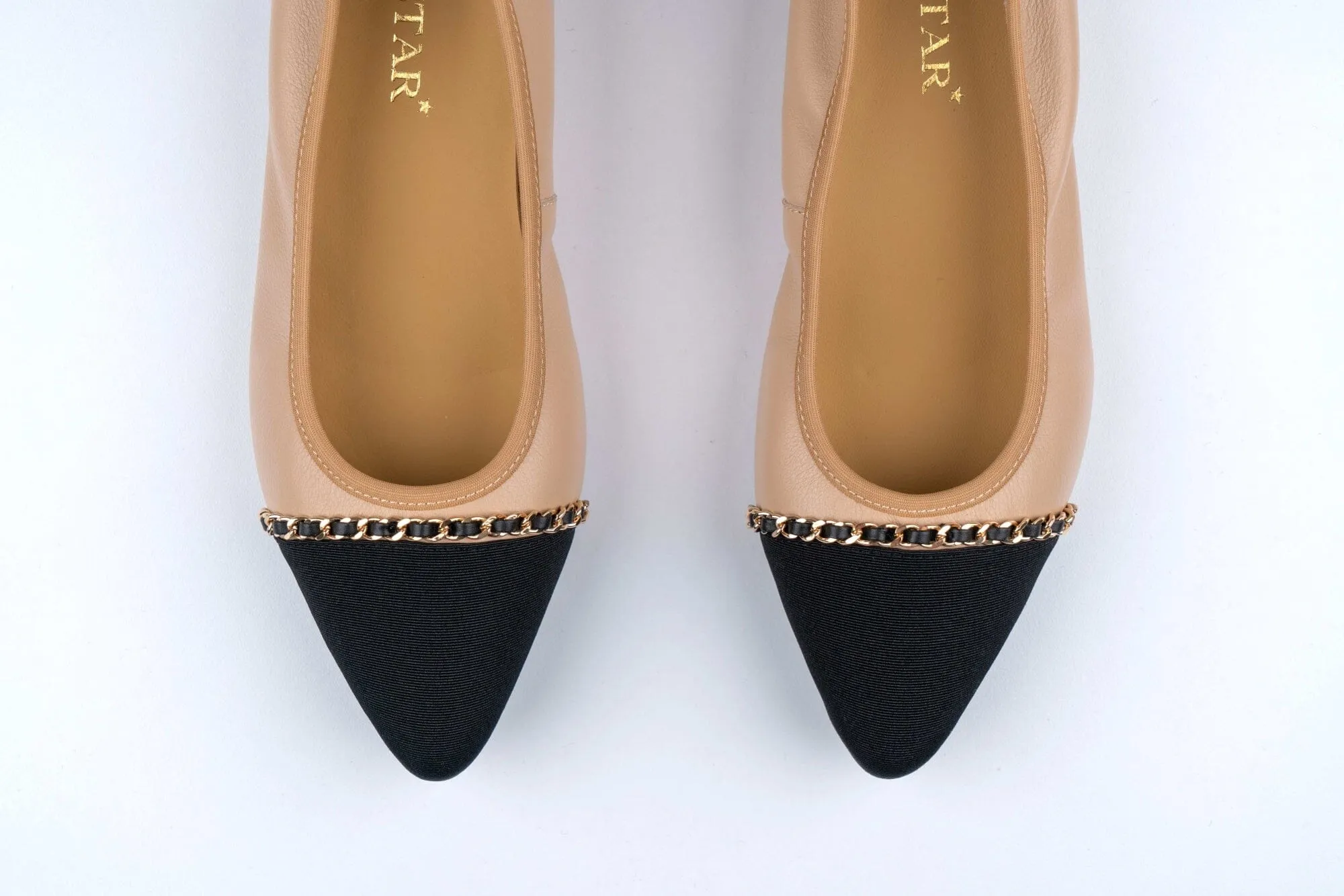 SS23001  Pointy Leather pumps with chain detail and extra cushion( new arrival )