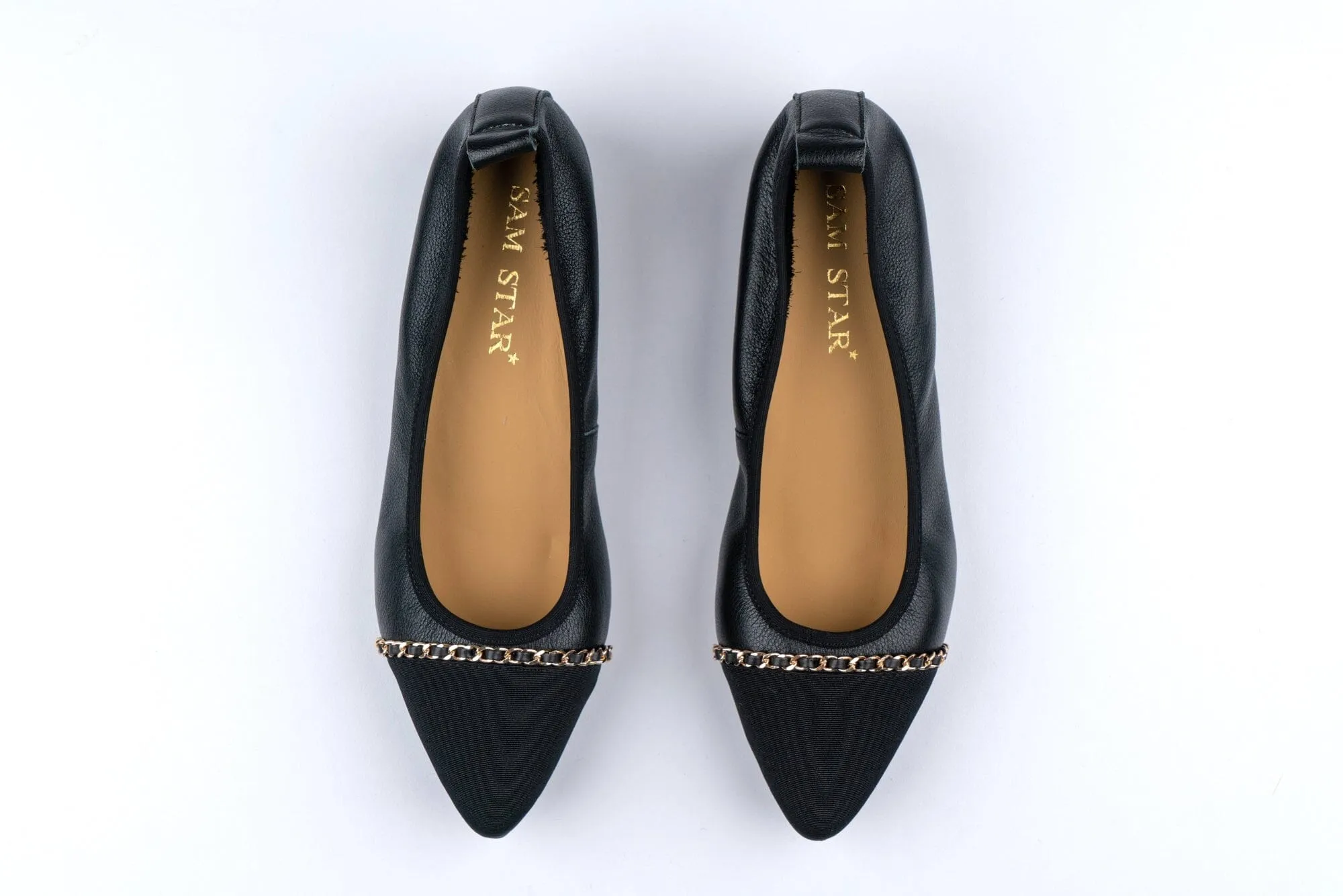 SS23001  Pointy Leather pumps with chain detail and extra cushion( new arrival )