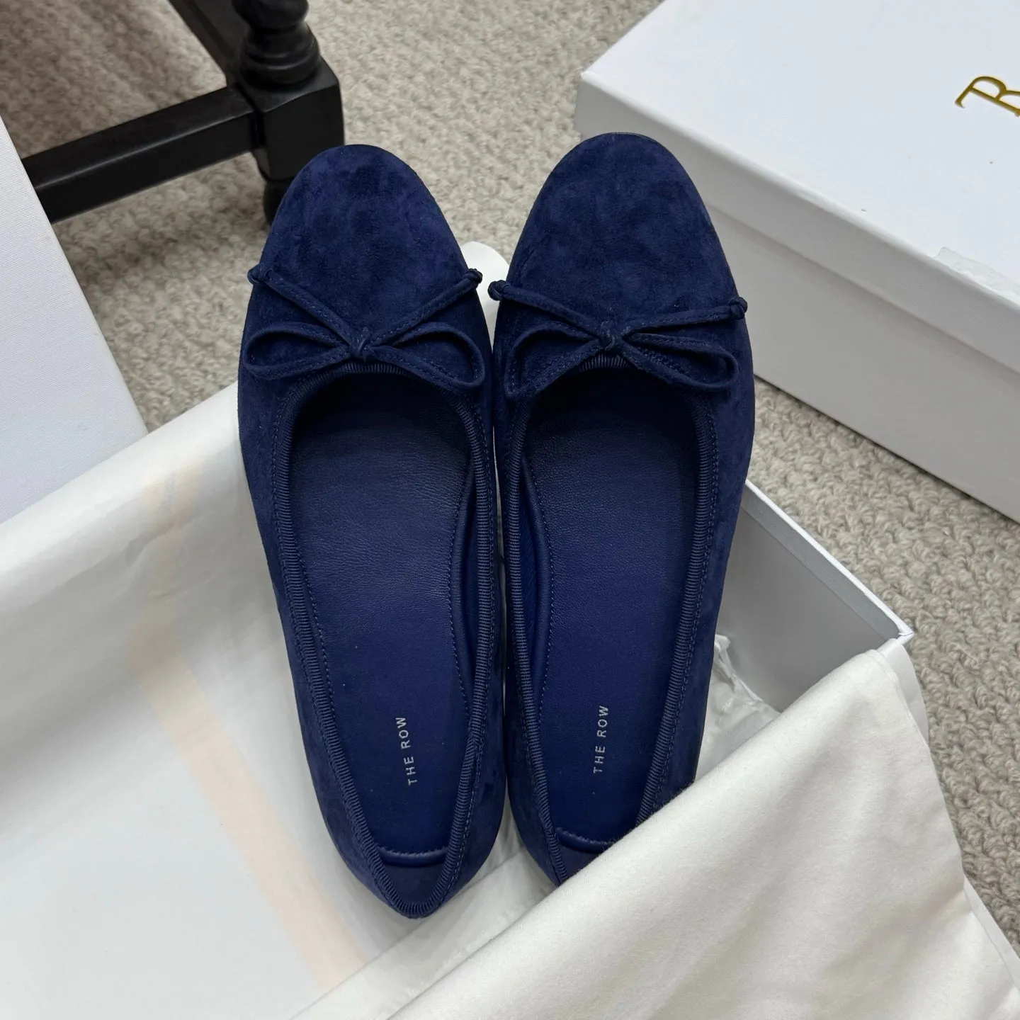 The Row Ballet Flats Bow Dark Blue Suede 290738