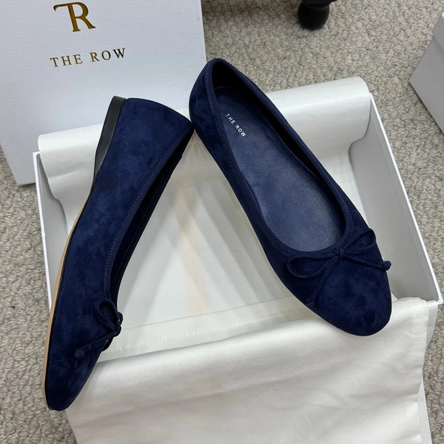 The Row Ballet Flats Bow Dark Blue Suede 290738
