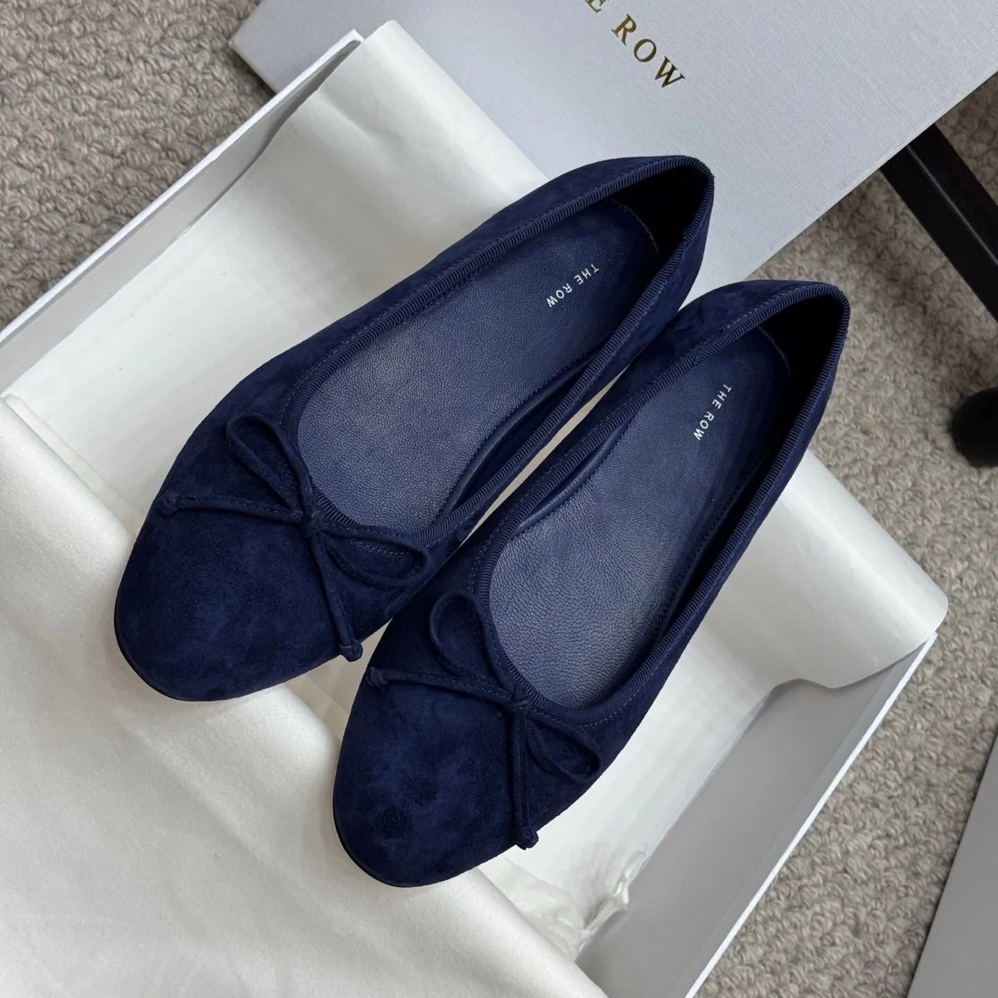 The Row Ballet Flats Bow Dark Blue Suede 290738