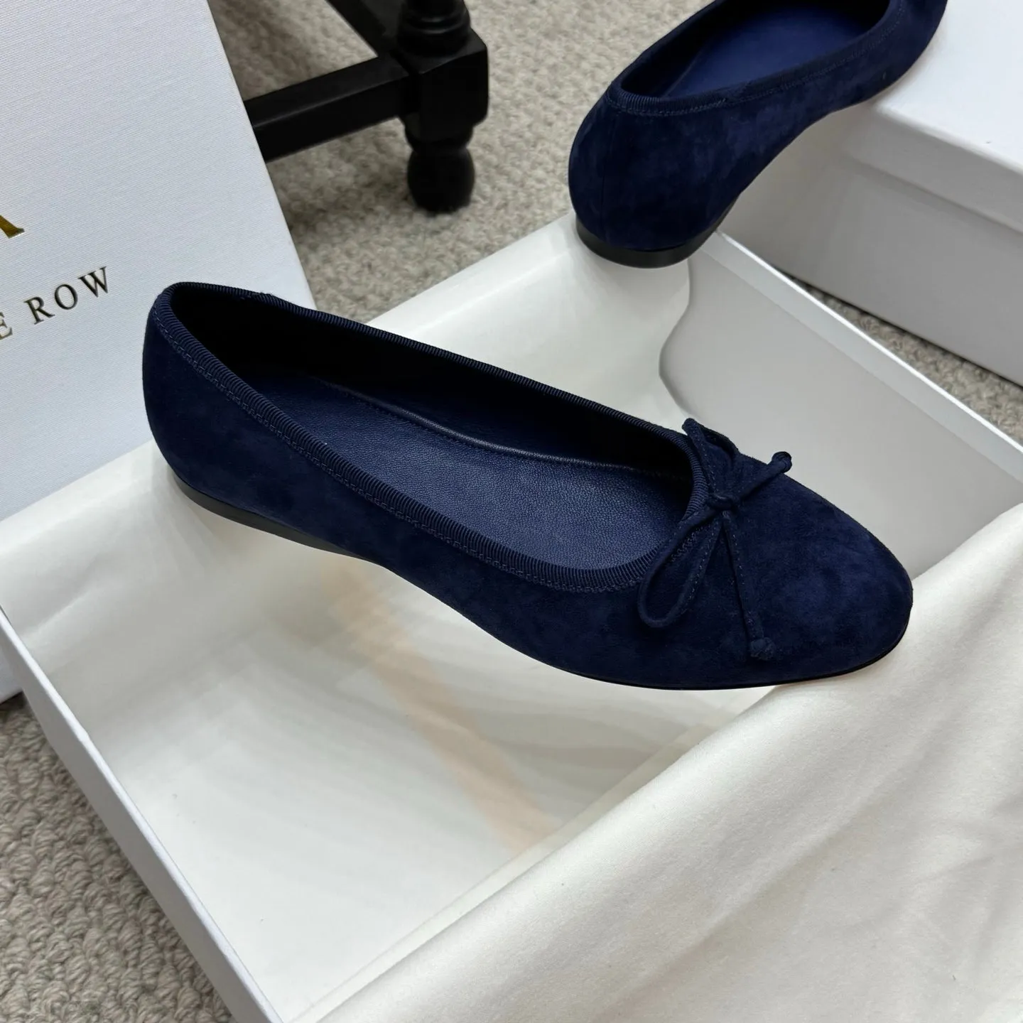 The Row Ballet Flats Bow Dark Blue Suede 290738