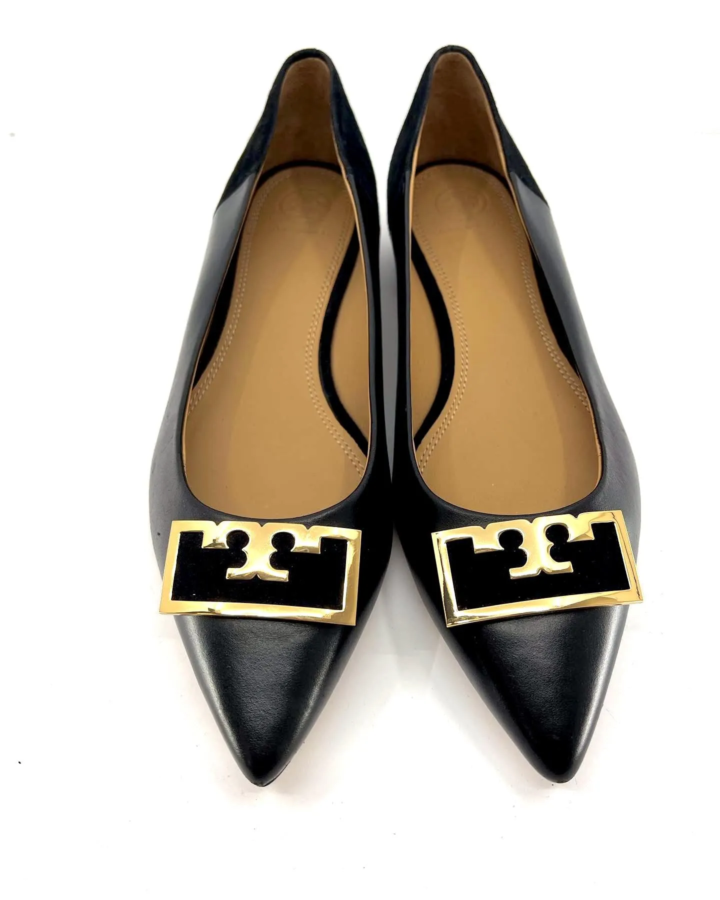 TORY BURCH GIGI CALFSKIN LEATHER AND SUEDE POINTED TOE SHOES