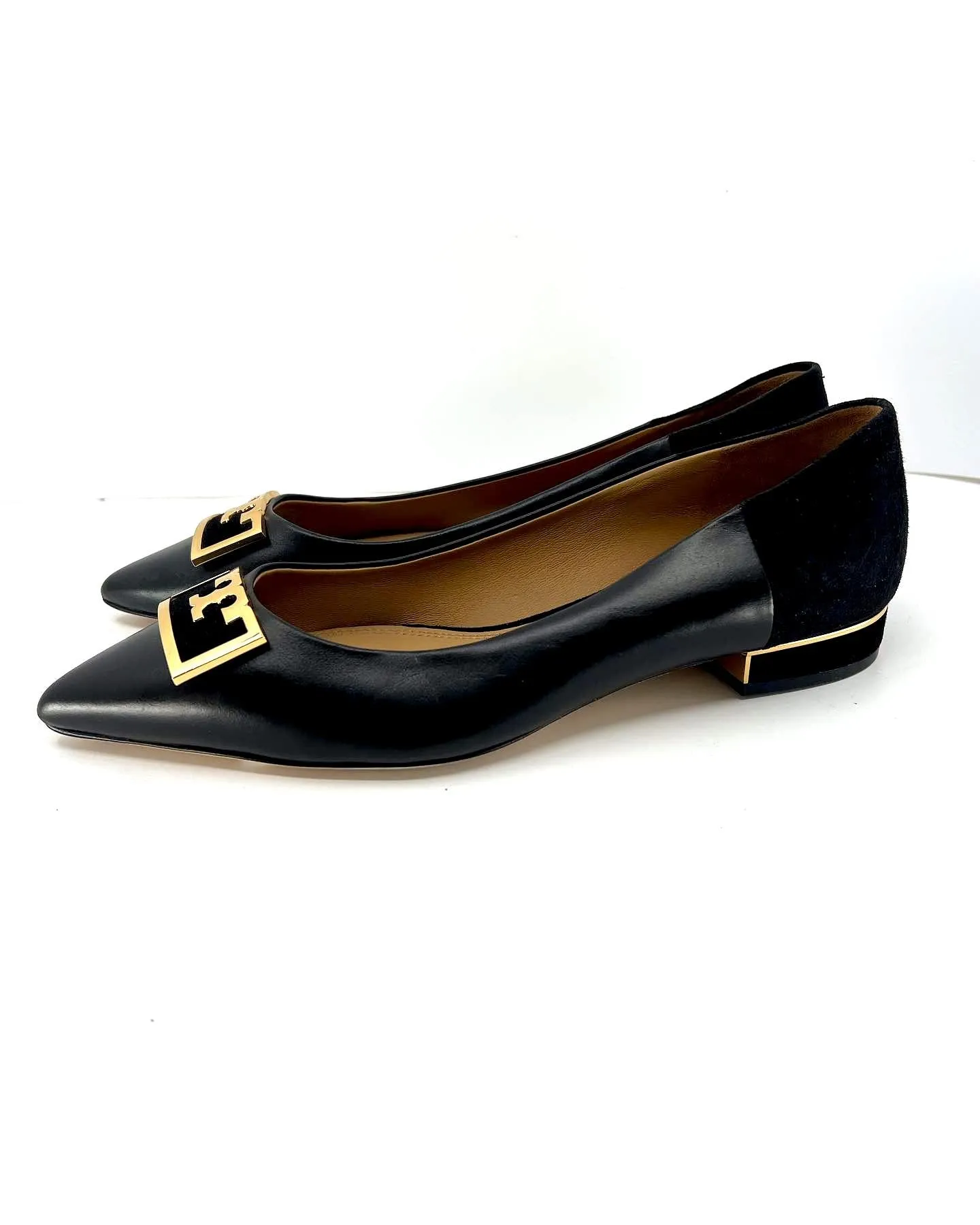 TORY BURCH GIGI CALFSKIN LEATHER AND SUEDE POINTED TOE SHOES