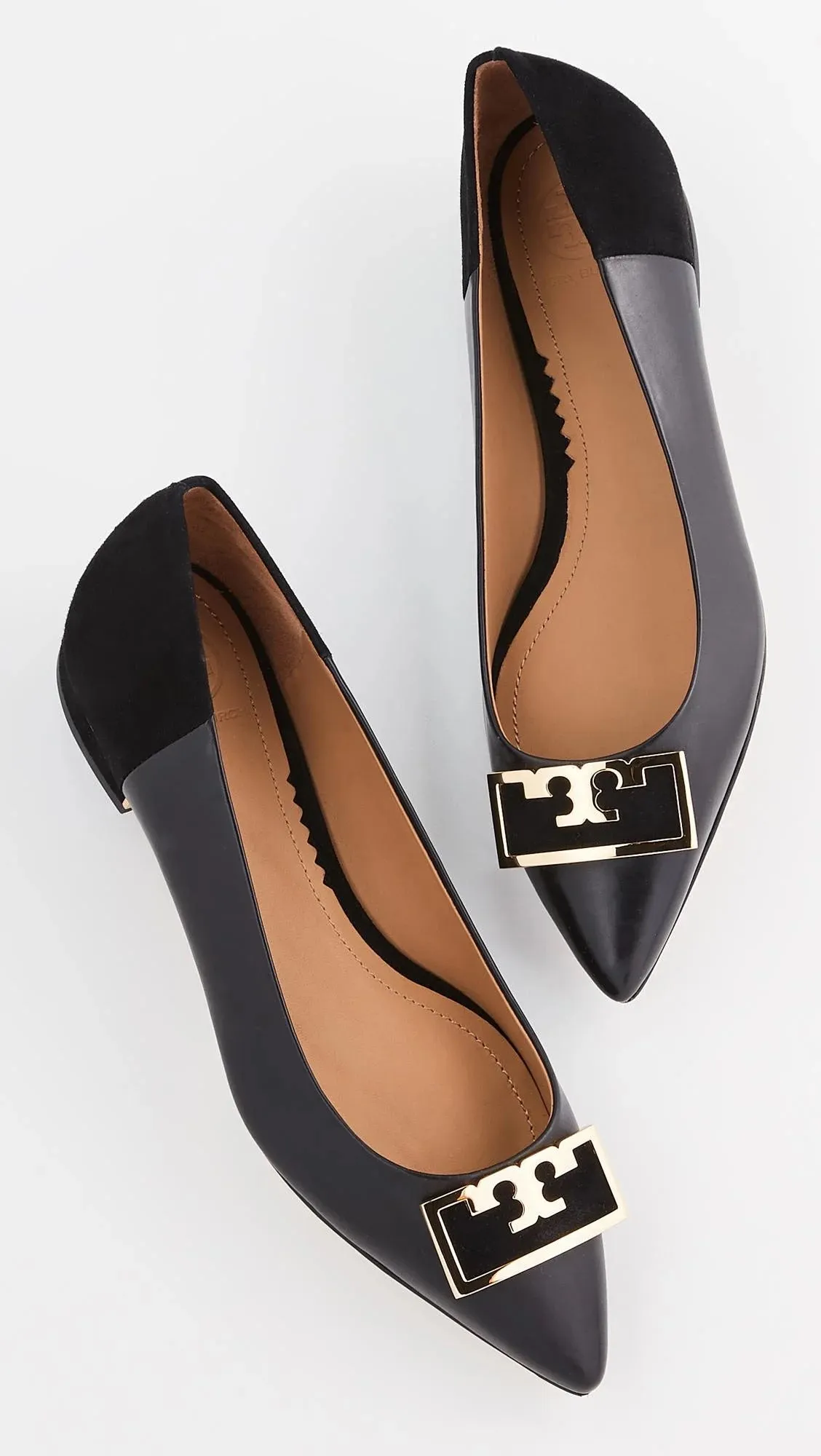 TORY BURCH GIGI CALFSKIN LEATHER AND SUEDE POINTED TOE SHOES