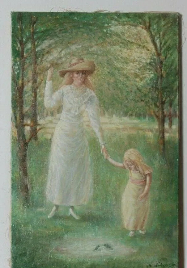 Untitled (Mother/Daughter Holding Hands) by Anthony Sidoni Signed Oil on Canvas